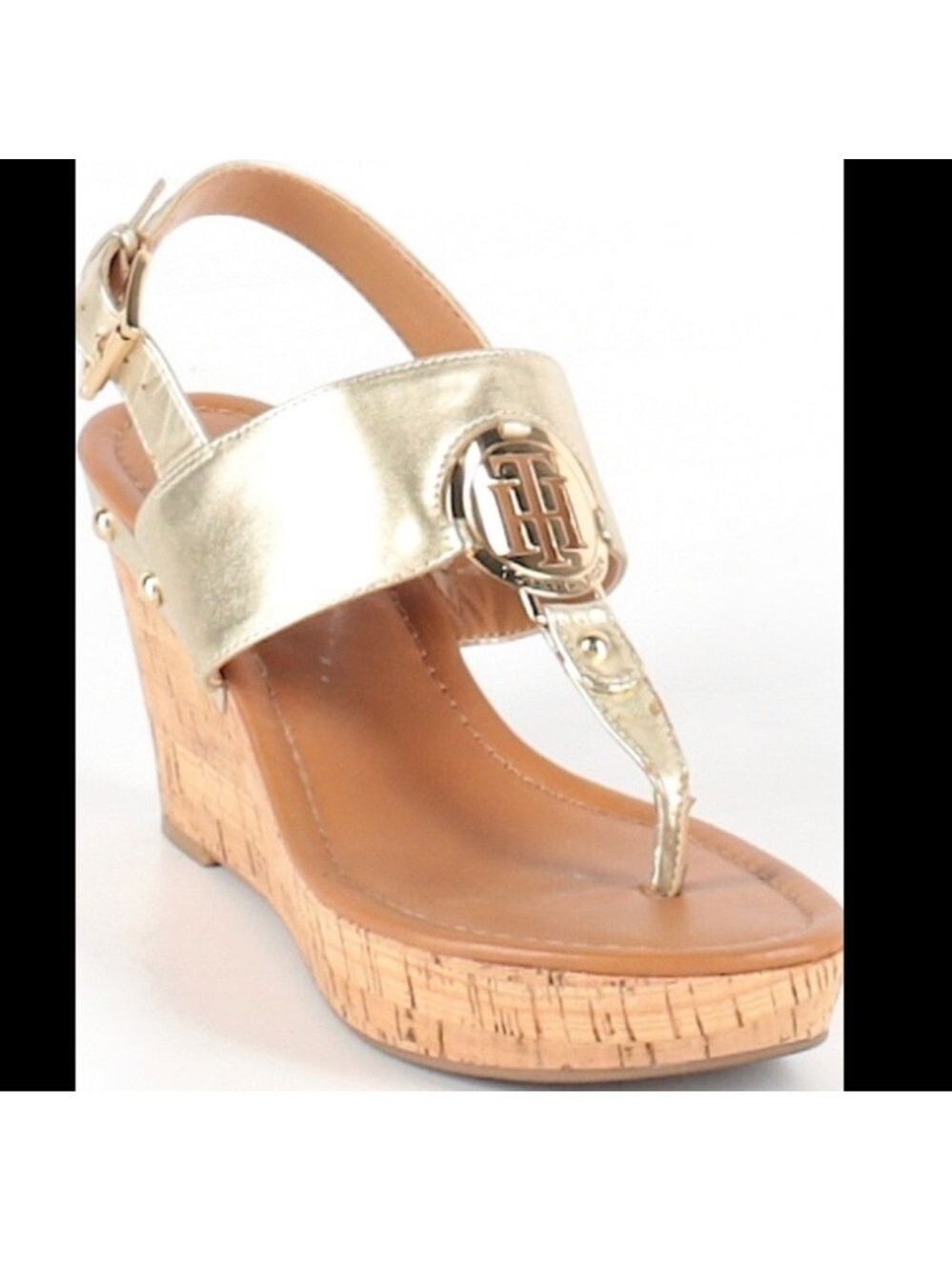 Tommy Hilfiger metallic gold thong sandals with cork wedge heels Size 8.5